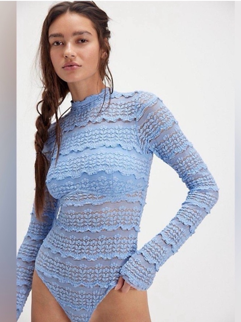 Free People Blissful Blue Lace Angelina Bodysuit Size Small